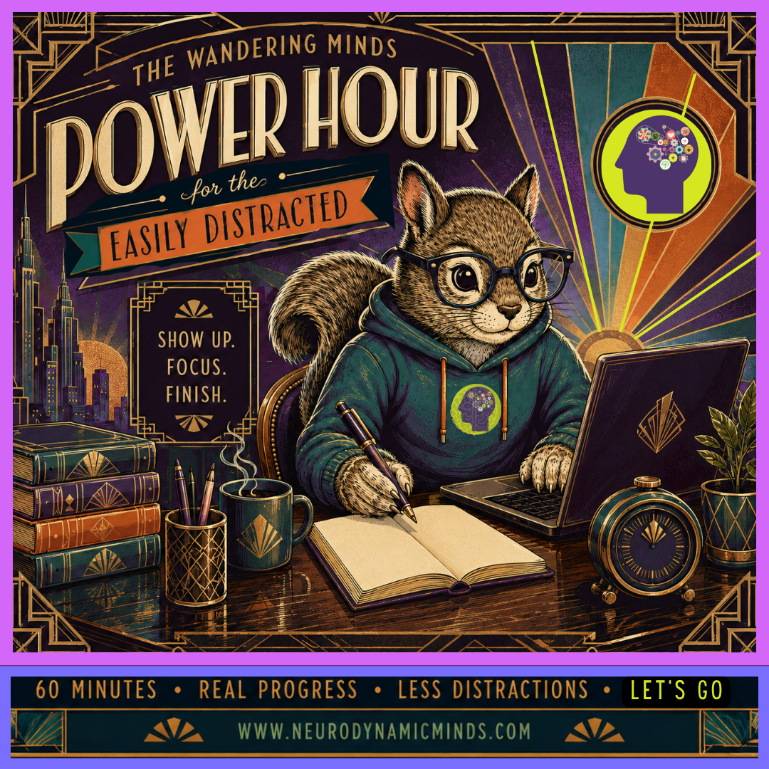 Wander Minds Power Hour for the Easily Distracted. Virtual Body Doubling weekly to get more done. Just like silent study hall for adults